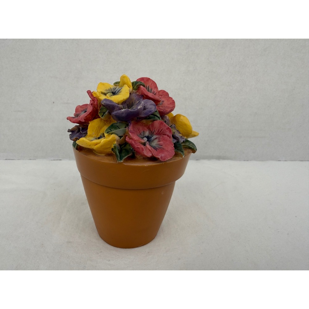 Vintage Dezine 1994 Pansy Flower Pot Trinket Box Resin Floral Keepsake Decor